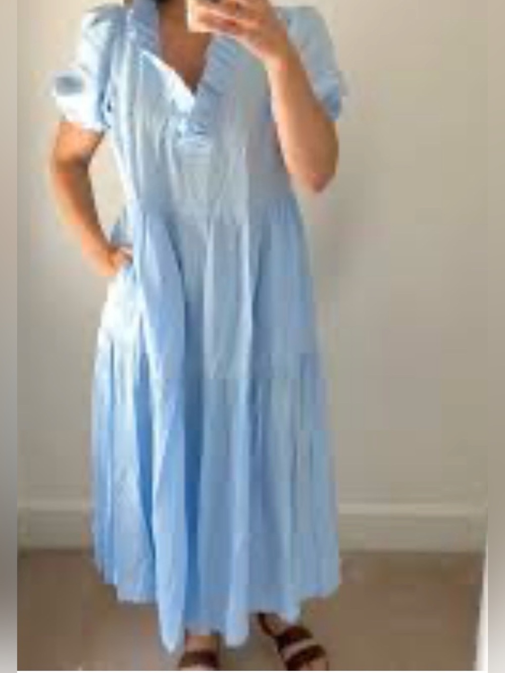 Crown & Ivy Light Blue Tiered Midi Dress Petite Large Puff Sleeve Cottagecore